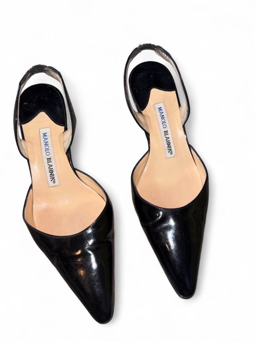 Vintage Manolo Blahnik Black Patent Slingback Pointed-Toe Kitten heels size 35.5
